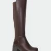 SOBEYO Women&apos;s Boots Knee High Chunky Heels Elastics Side Zipper Closure - Brown PU