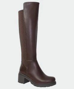 SOBEYO Women&apos;s Boots Knee High Chunky Heels Elastics Side Zipper Closure - Brown PU