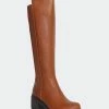 SOBEYO Women&apos;s Boots Knee High Chunky Heels Elastics Side Zipper Closure - Tan PU