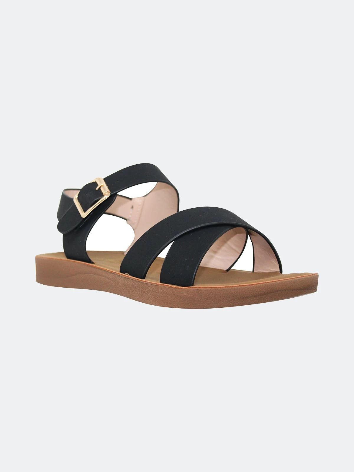 SOBEYO Women's Flatform Sandals X-Cross Ankle Strap Gold Buckles Black