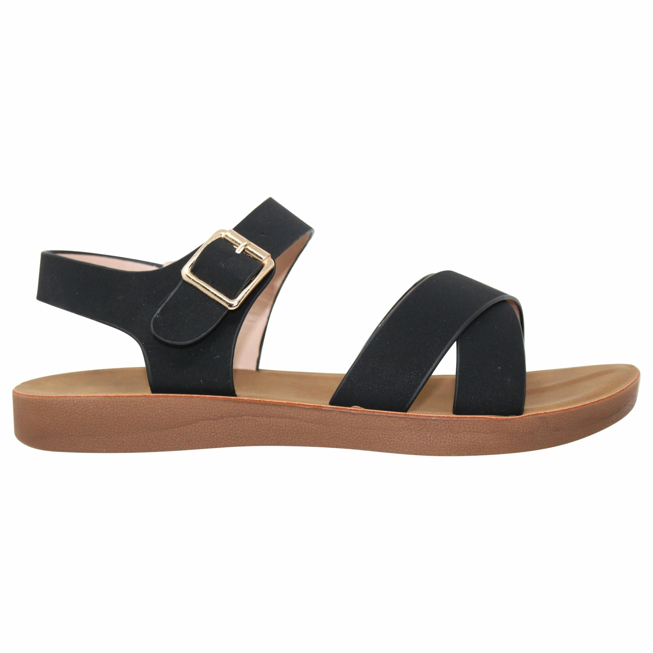 SOBEYO Women's Flatform Sandals X-Cross Ankle Strap Gold Buckles Black - Image 2