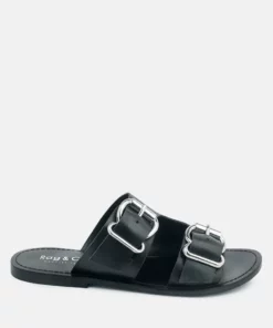 Rag & Co Kelly Black Flat Sandal With Buckle Straps