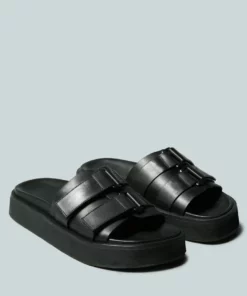 Rag & Co Aniston Buckled Flatform Black Slip-on Sandal