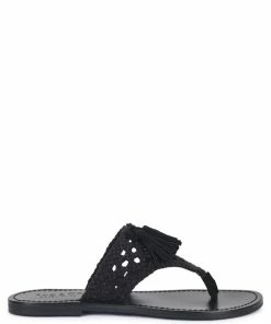 Rag & Co Beech Handwoven Natural Black Suede Tassel Thong Flats