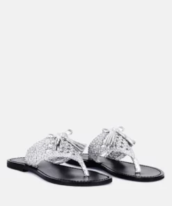 Rag & Co Beech Handwoven Natural Silver Suede Tassel Thong Flats