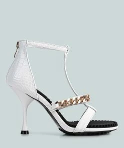 Rag & Co Dakota White Metal Chain Mid Heel Sandals