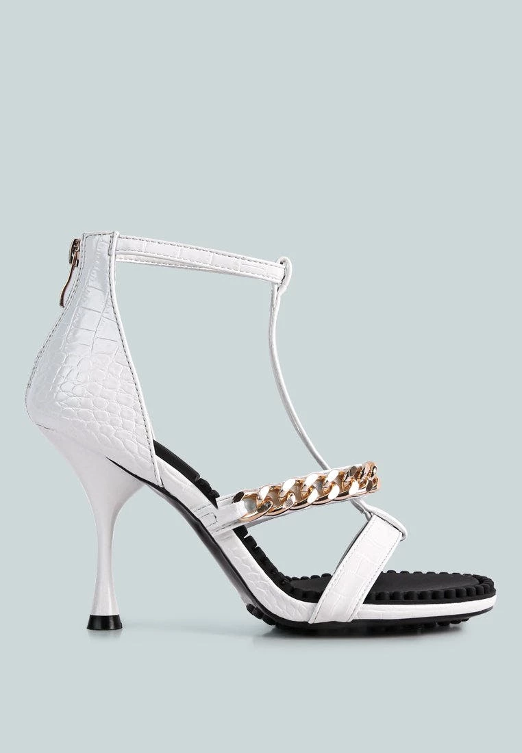 Rag & Co Dakota White Metal Chain Mid Heel Sandals