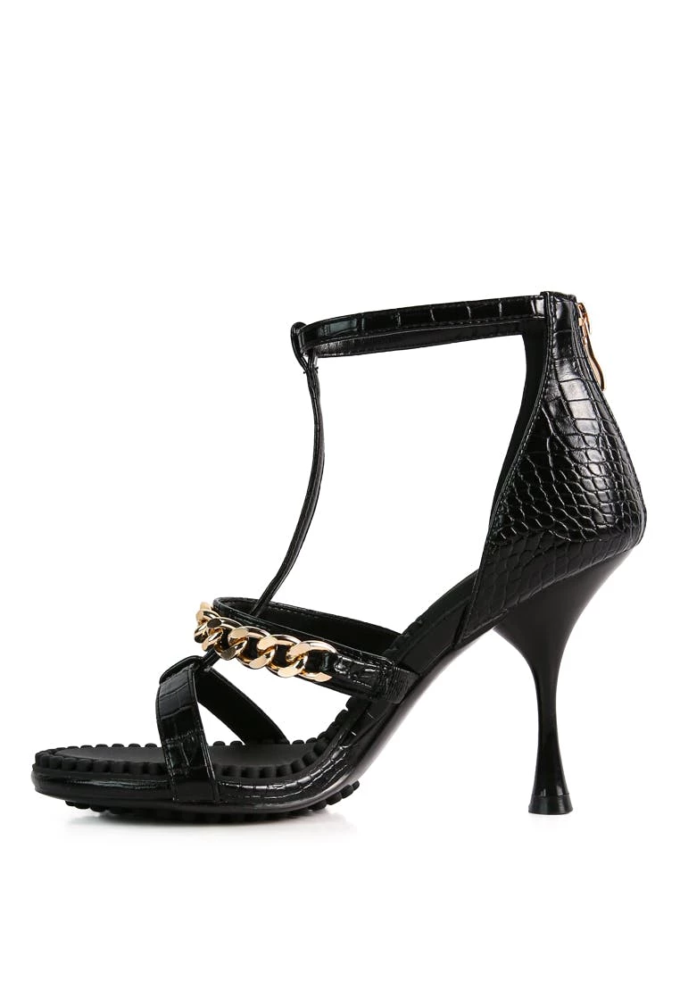 Rag & Co Dakota Black Metal Chain Mid Heel Sandals - Image 3