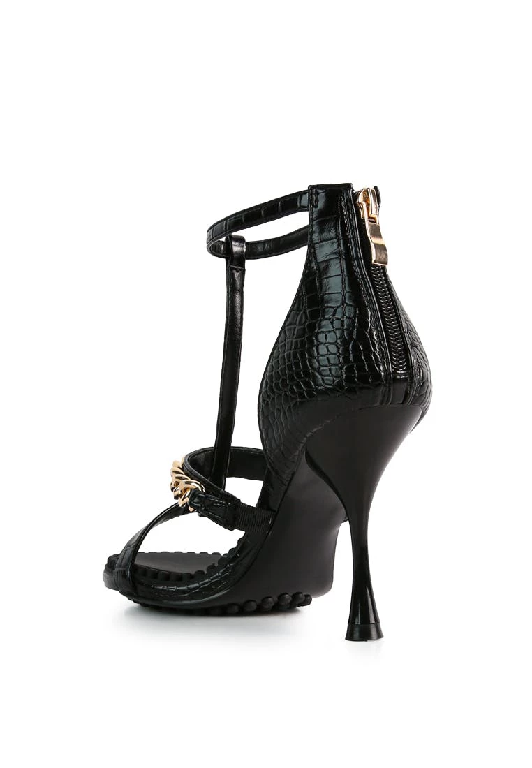 Rag & Co Dakota Black Metal Chain Mid Heel Sandals - Image 6