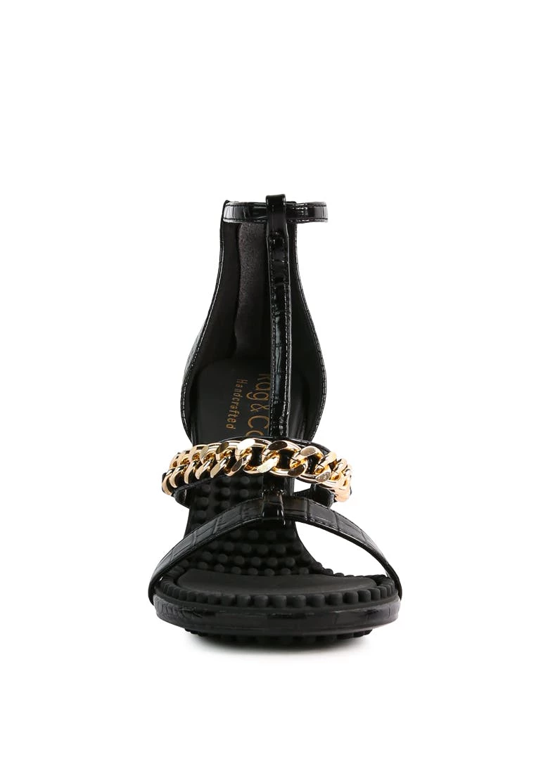 Rag & Co Dakota Black Metal Chain Mid Heel Sandals - Image 4