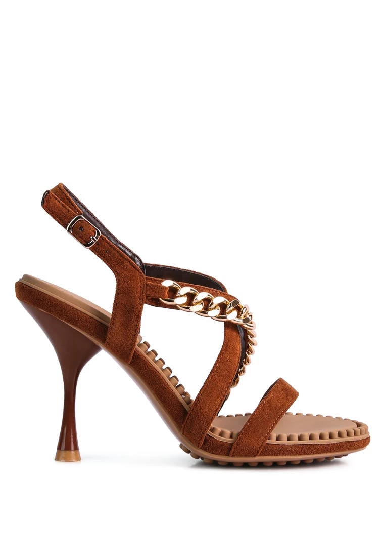 Rag & Co Domeda Tan Metal Chain Mid Heel Sandal