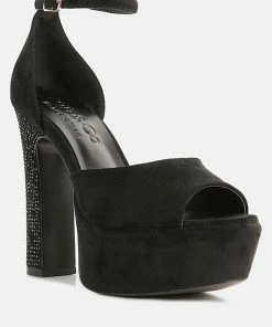 Rag & Co Beaty Black Studded Suede High Block Heeled Sandals