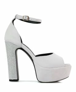 Rag & Co Beaty White Studded Suede High Block Heeled Sandals