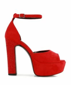 Rag & Co Beaty Red Studded Suede High Block Heeled Sandals
