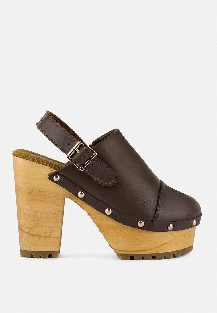 Rag & Co Alona Brown Slingback High Block Heeled Clogs - Image 2