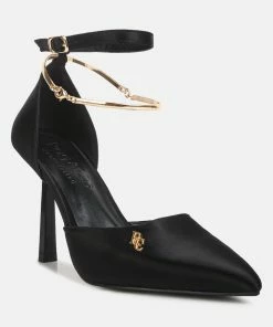Rag & Co Hobnob Satin High Heeled Anklet Sandals In Black
