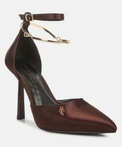 Rag & Co Hobnob Satin High Heeled Anklet Sandals In Dark Brown