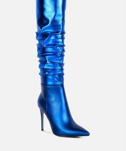 Rag & Co New Expession Blue Metallic Ruched Stiletto Calf Boots