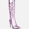 Rag & Co New Expession Pink Metallic Ruched Stiletto Calf Boots