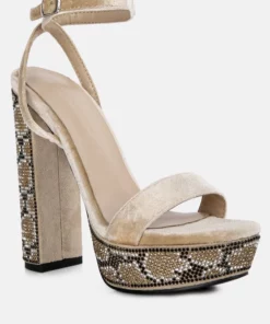 Rag & Co Zircon Beige Rhinestone Patterned High Heel Sandals