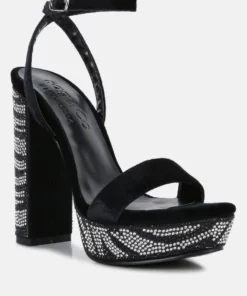 Rag & Co Zircon Black Rhinestone Patterned High Heel Sandals