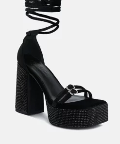 Rag & Co Firecrown Black Rhinestone Platform High Block Sandals