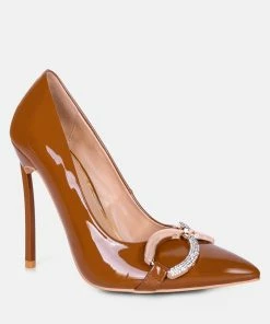 Rag & Co Cktail Buckle Embellished Stiletto Pump Shoes In Camel