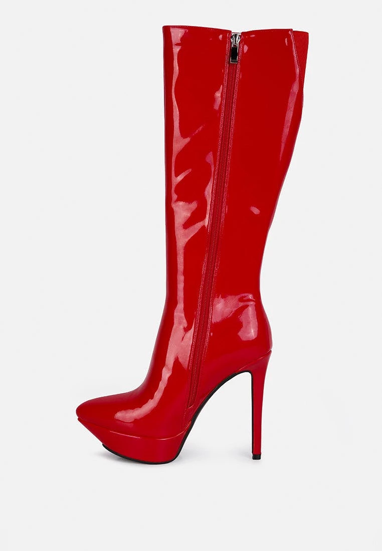 Rag & Co Hatton Red Patent Stiletto High Heeled Calf Boots - Image 3