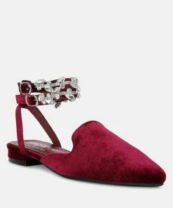 Rag & Co Salome Burgundy Velvet Luxe Jewelled Flat Mules