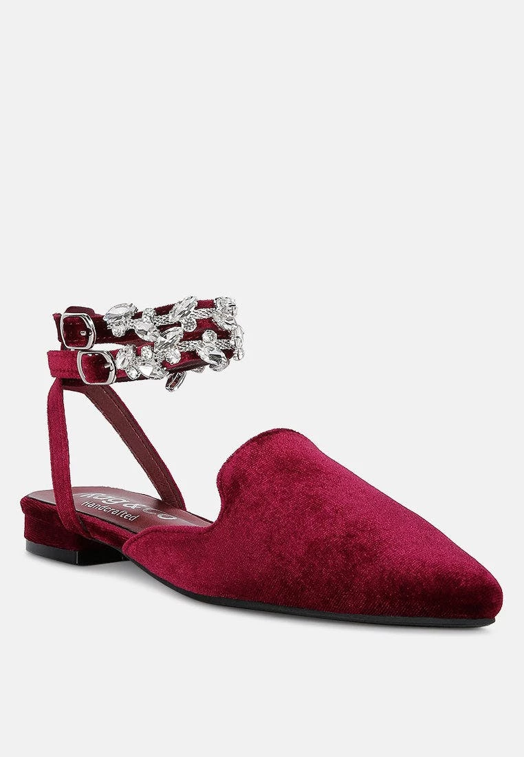 Rag & Co Salome Burgundy Velvet Luxe Jewelled Flat Mules