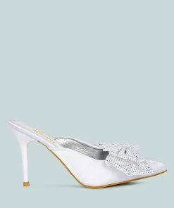 Rag & Co Elisda White Diamante Bow Heeled Mules