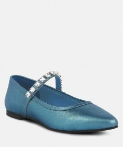Rag & Co Alverno Metallic Diamante Mary Jane Leather Flats In Blue