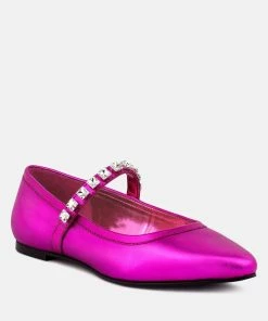 Rag & Co Alverno Metallic Diamante Mary Jane Leather Flats In Fuchsia