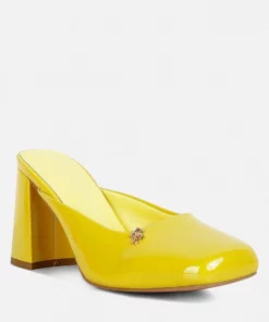 Rag & Co Neoplast Yellow Patent PU Block Heeled Mules Sandals