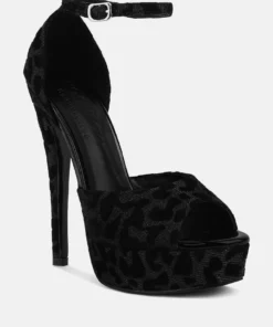 Rag & Co Brigitte Black Leopard Print Peep Toe Stiletto Sandal