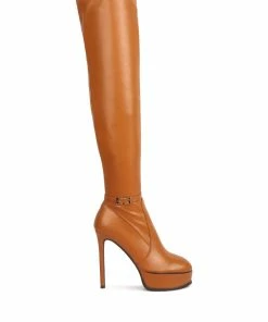 Rag & Co Twinkles Patent Stiletto Heeled Long Boots In Tan