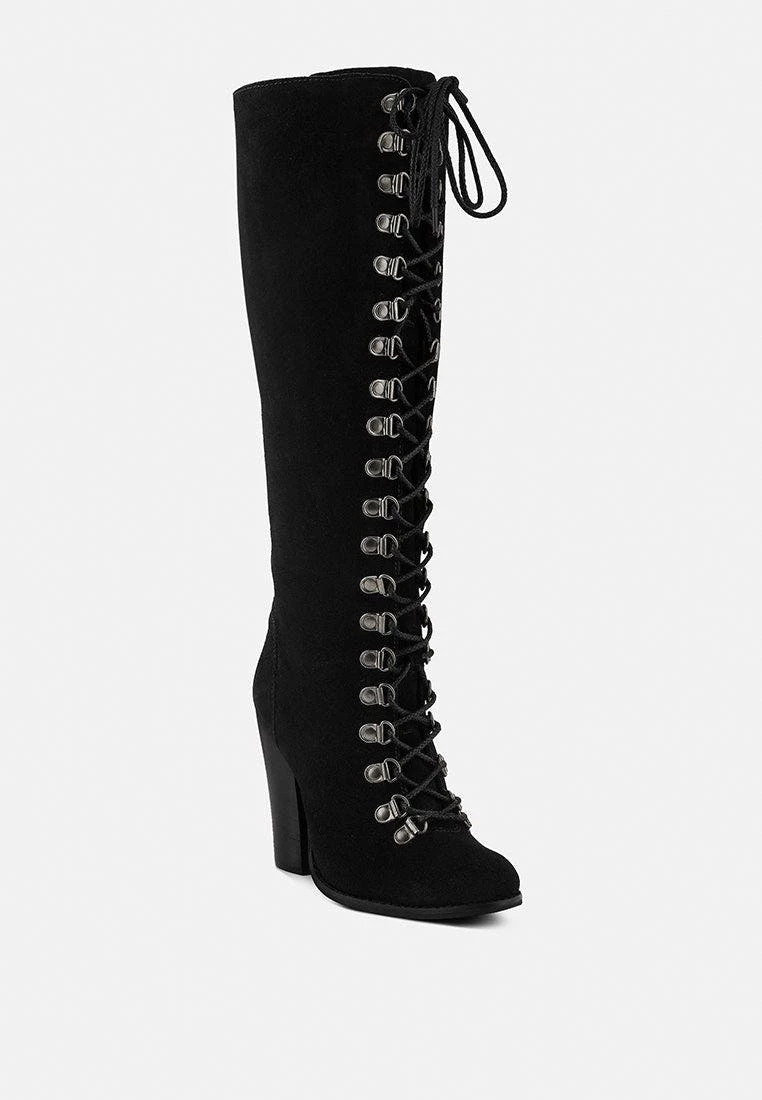 Rag & Co Sleet-Slay Antique Eyelets Lace Up Knee Boots In Black