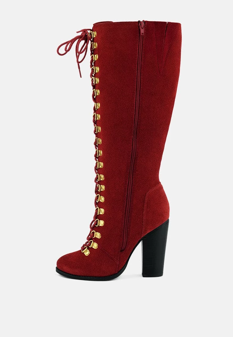 Rag & Co Sleet-Slay Antique Eyelets Lace Up Knee Boots In Red - Image 4