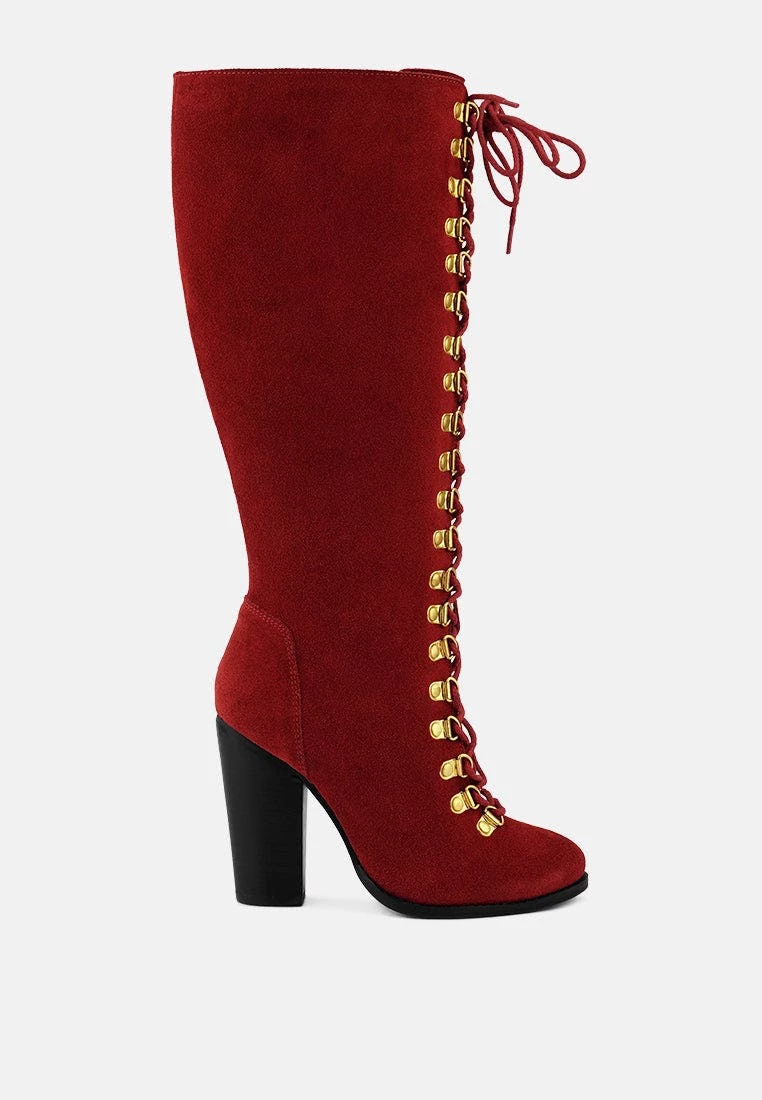 Rag & Co Sleet-Slay Antique Eyelets Lace Up Knee Boots In Red