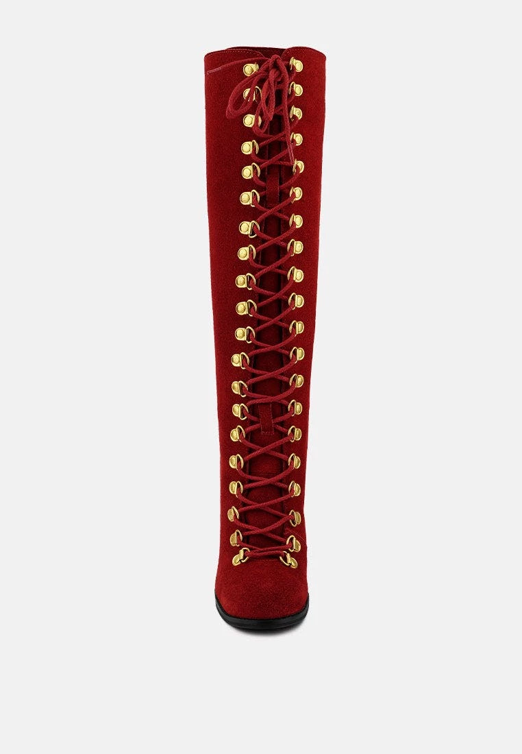 Rag & Co Sleet-Slay Antique Eyelets Lace Up Knee Boots In Red - Image 2