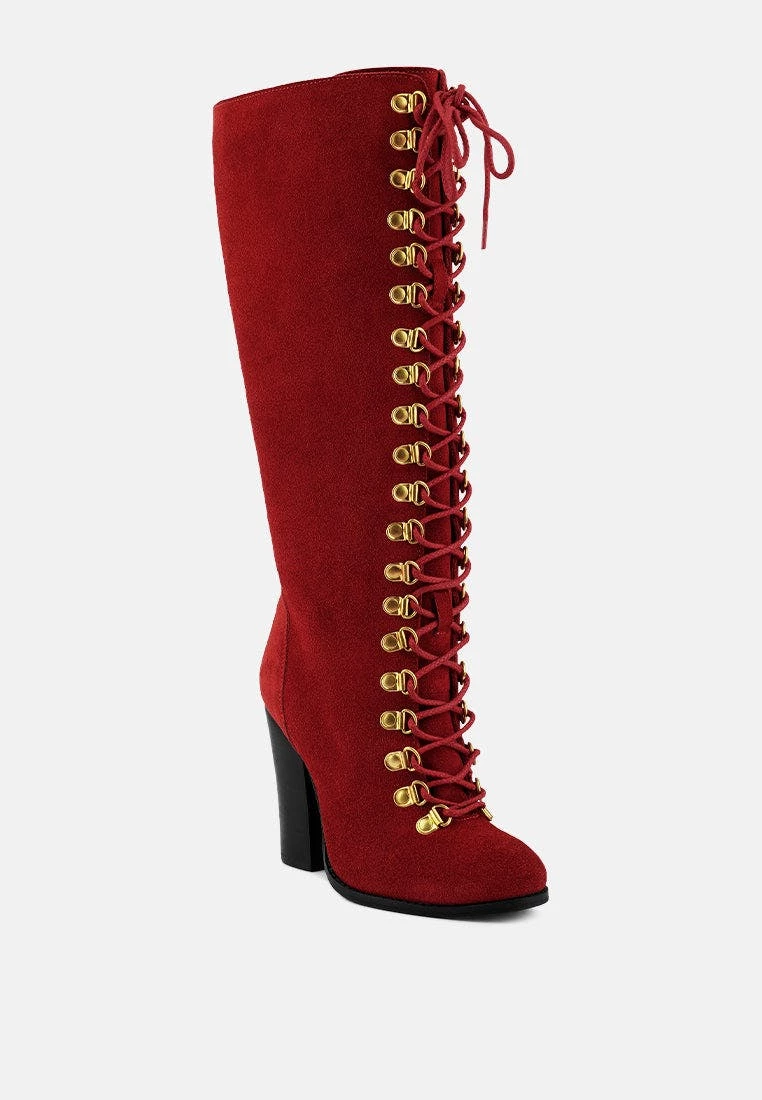 Rag & Co Sleet-Slay Antique Eyelets Lace Up Knee Boots In Red - Image 3
