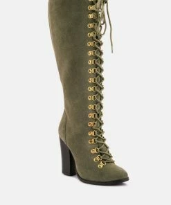Rag & Co Sleet-Slay Antique Eyelets Lace Up Knee Boots In Olive