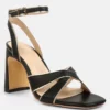 Rag & Co Heeri Black Metallic Lined Slim Block Heel Sandals