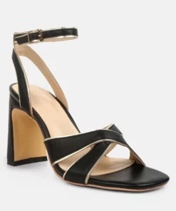 Rag & Co Heeri Black Metallic Lined Slim Block Heel Sandals