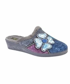 Sleepers Womens/Ladies Kimberly Flower Trim Mule Slippers - Gray/Purple/Blue/Silver